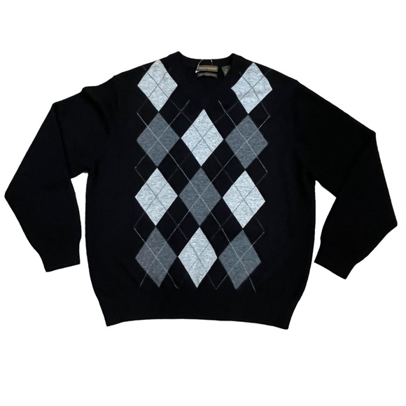 Men’s Paolo Mondo Cashmere Sweater Black Argyle Crew Neck Long Sleeve Pullover - Picture 3 of 11